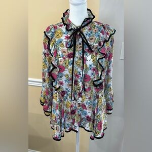 Ups and Downs floral ruffle tie neck button down blouse size M